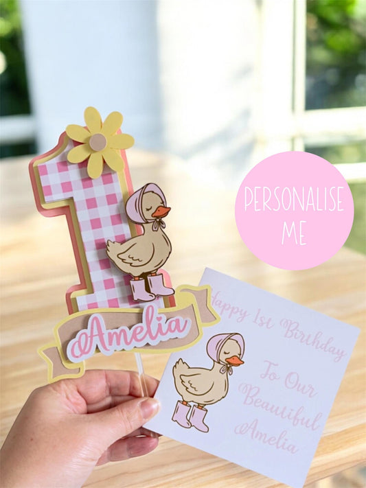 Personalized Duck Birthday Cake Topper | Pink Gingham Decoration