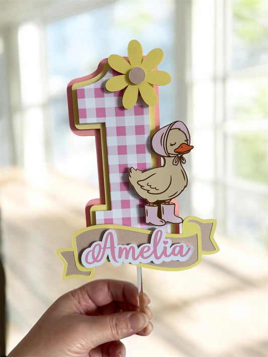 Personalized Duck Birthday Cake Topper | Pink Gingham Decoration