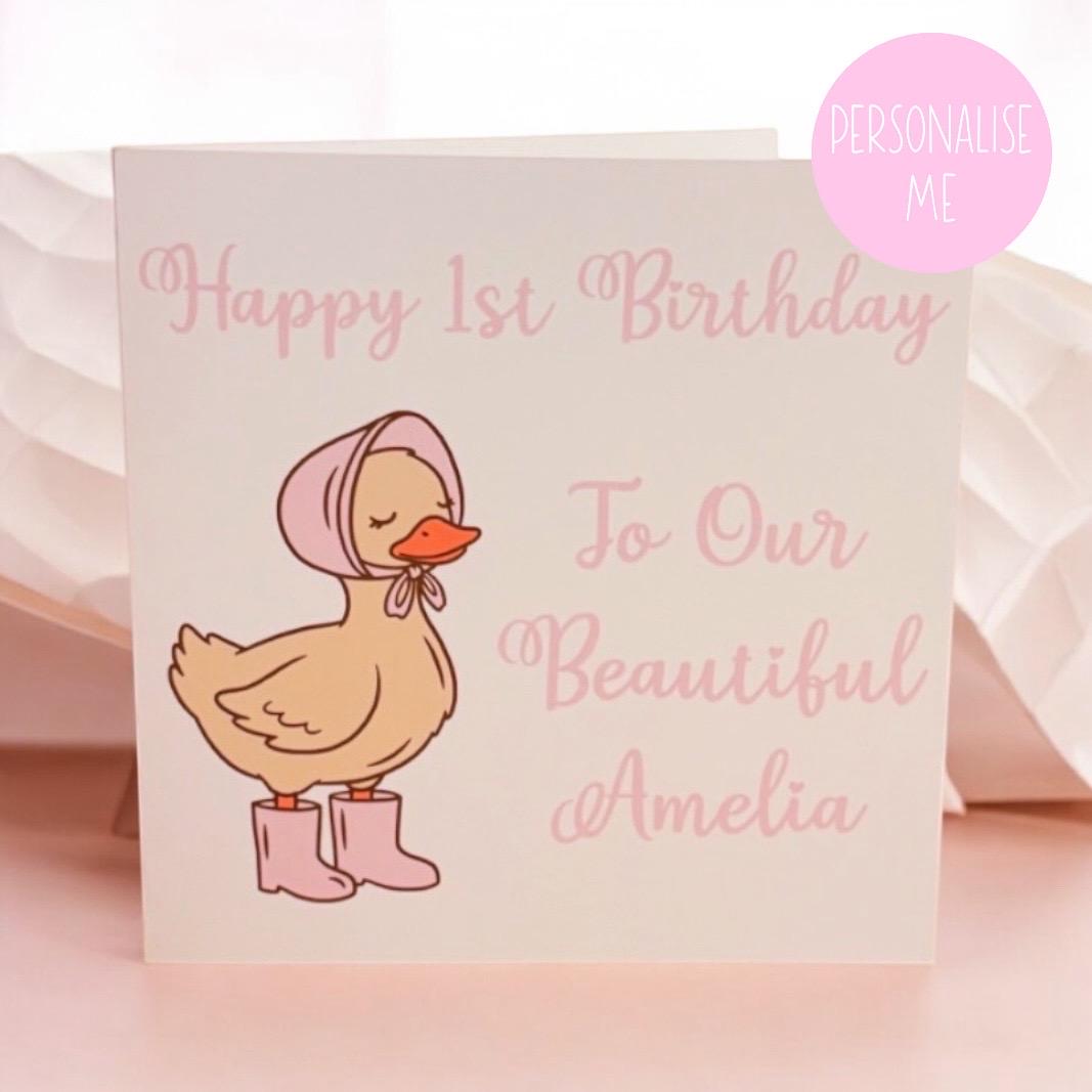 Personalized Duck Birthday Card | Pink Gingham, Keepsake