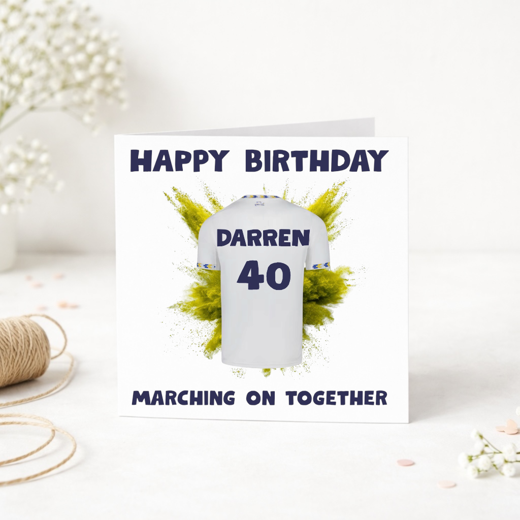 Personalised Leeds United Inspired Football Shirt Birthday Card – Name & Number
