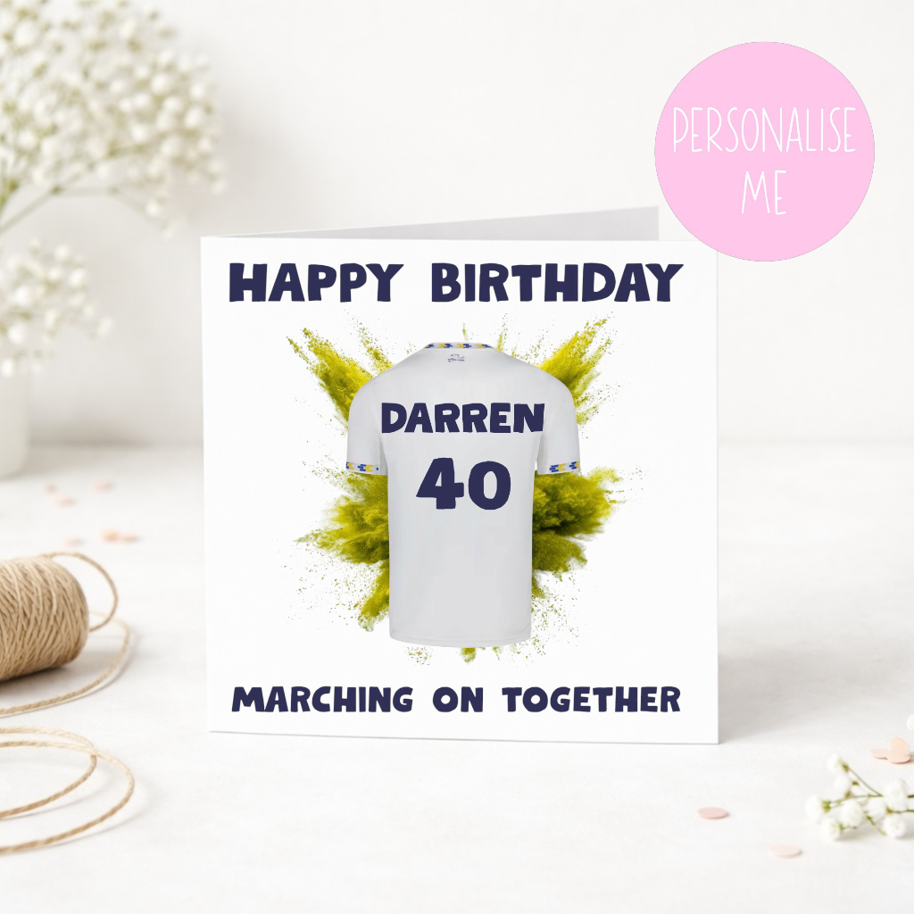 Personalised Leeds United Inspired Football Shirt Birthday Card – Name & Number