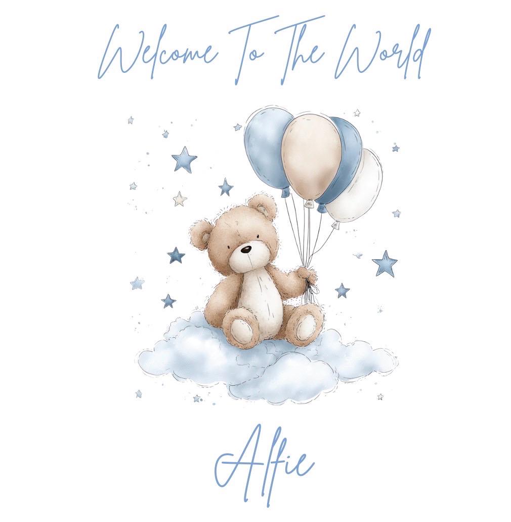 Personalised Watercolour Teddy Bear Baby Boy Card – Welcome To The World Balloons